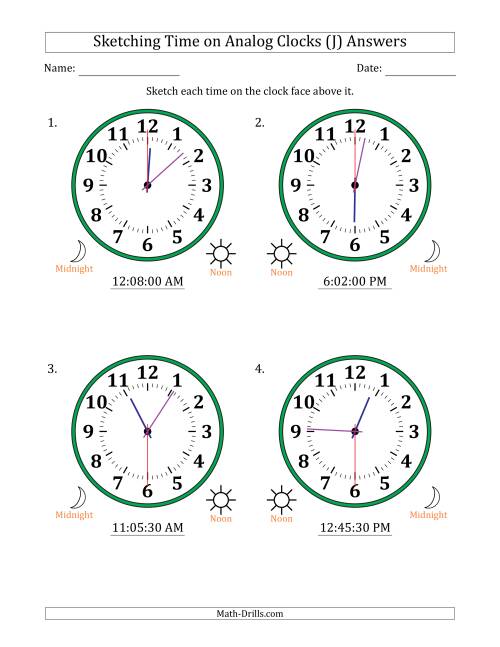 The Sketching 12 Hour Time on Analog Clocks in 30 Second Intervals (4 Large Clocks) (J) Math Worksheet Page 2