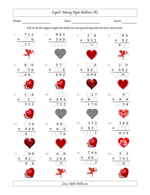 The Cupid's Missing Digits Addition (Easier Version) (A) Math Worksheet