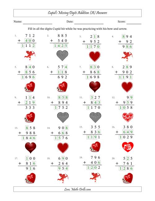 The Cupid's Missing Digits Addition (Easier Version) (A) Math Worksheet Page 2