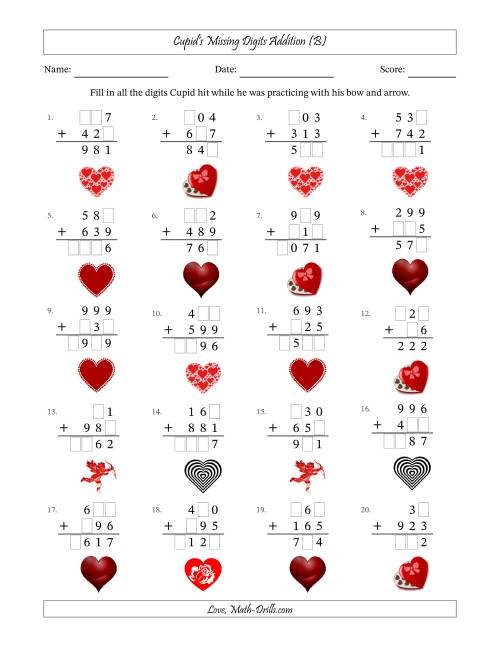 The Cupid's Missing Digits Addition (Easier Version) (B) Math Worksheet