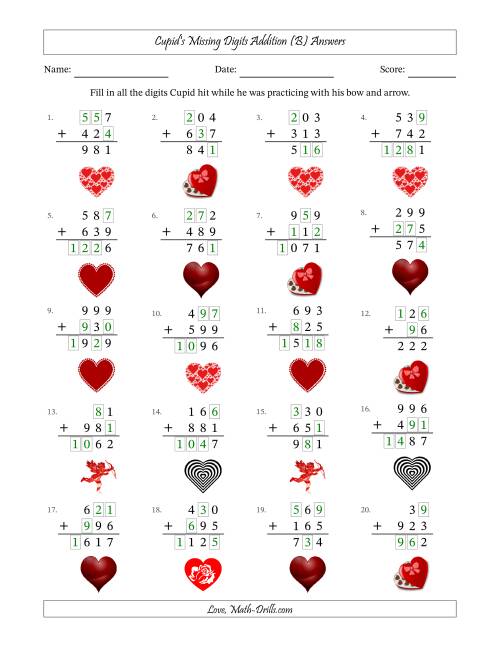 The Cupid's Missing Digits Addition (Easier Version) (B) Math Worksheet Page 2