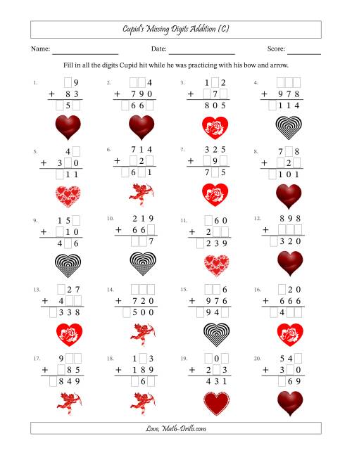 The Cupid's Missing Digits Addition (Easier Version) (C) Math Worksheet