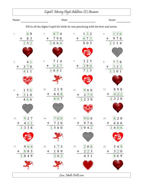 The Cupid's Missing Digits Addition (Easier Version) (C) Math Worksheet Page 2