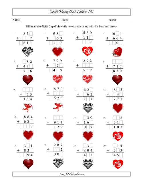 The Cupid's Missing Digits Addition (Easier Version) (D) Math Worksheet