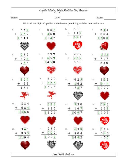 The Cupid's Missing Digits Addition (Easier Version) (D) Math Worksheet Page 2