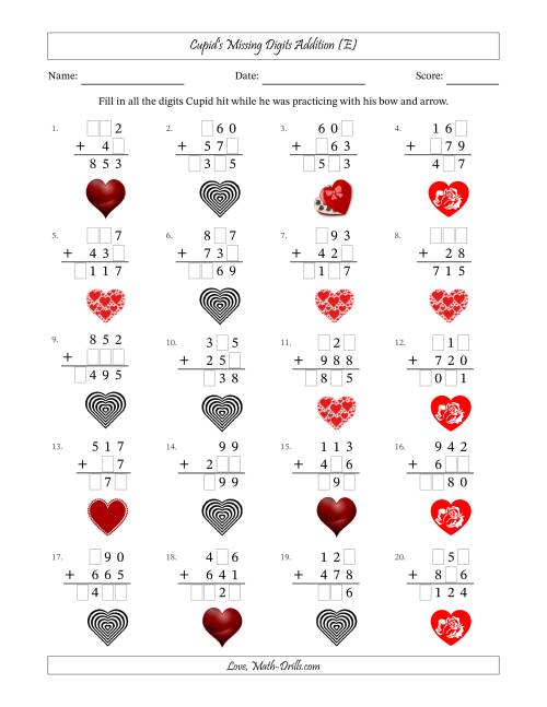 The Cupid's Missing Digits Addition (Easier Version) (E) Math Worksheet