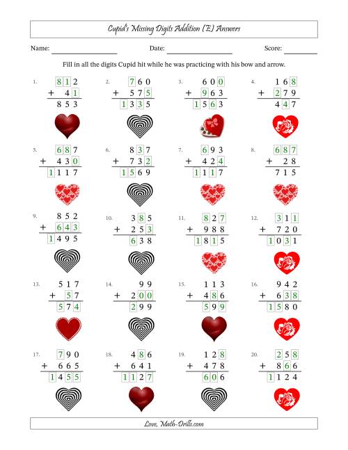 The Cupid's Missing Digits Addition (Easier Version) (E) Math Worksheet Page 2