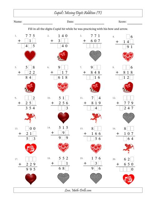 The Cupid's Missing Digits Addition (Easier Version) (F) Math Worksheet