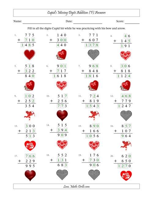 The Cupid's Missing Digits Addition (Easier Version) (F) Math Worksheet Page 2