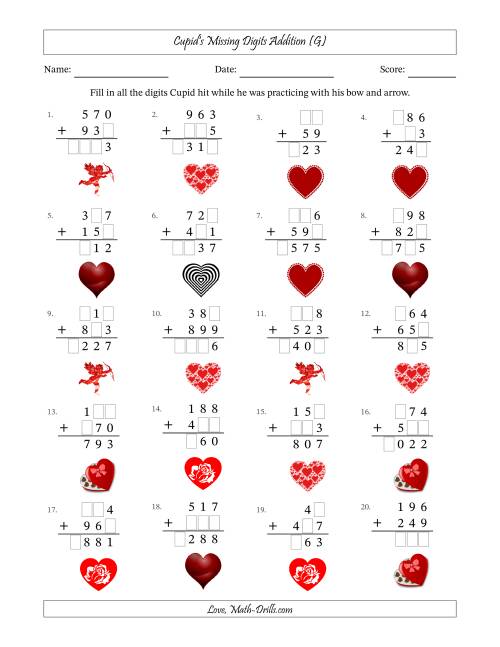 The Cupid's Missing Digits Addition (Easier Version) (G) Math Worksheet