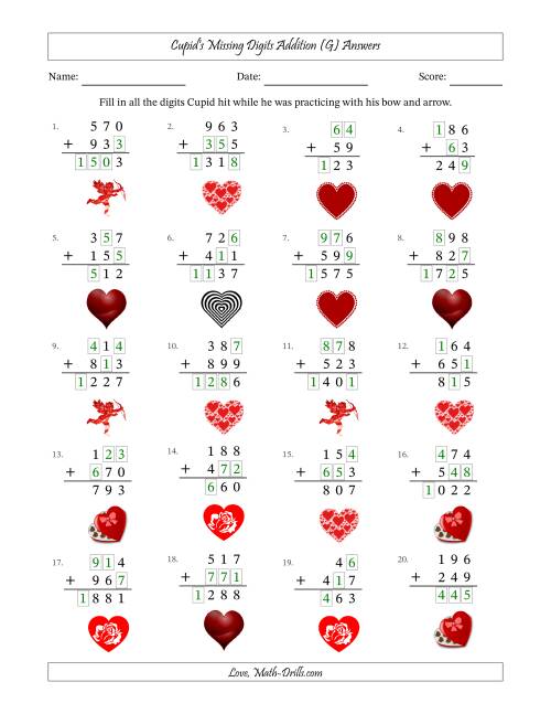 The Cupid's Missing Digits Addition (Easier Version) (G) Math Worksheet Page 2