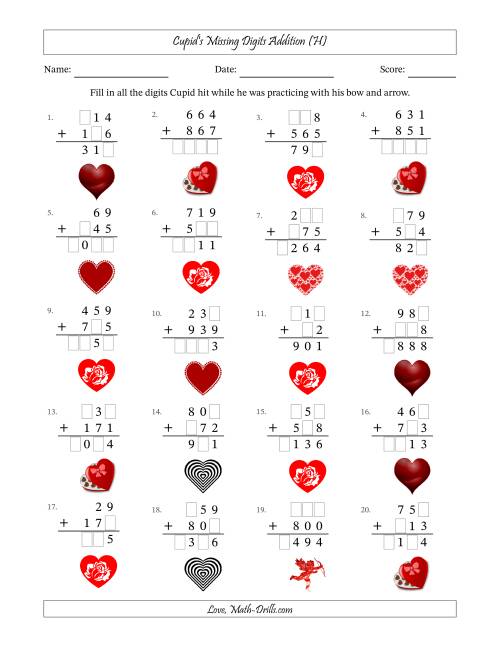 The Cupid's Missing Digits Addition (Easier Version) (H) Math Worksheet