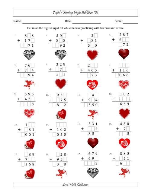 The Cupid's Missing Digits Addition (Easier Version) (I) Math Worksheet