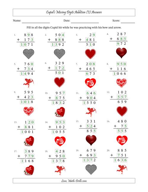 The Cupid's Missing Digits Addition (Easier Version) (I) Math Worksheet Page 2