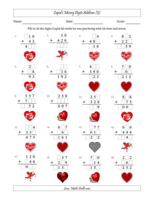 The Cupid's Missing Digits Addition (Easier Version) (J) Math Worksheet