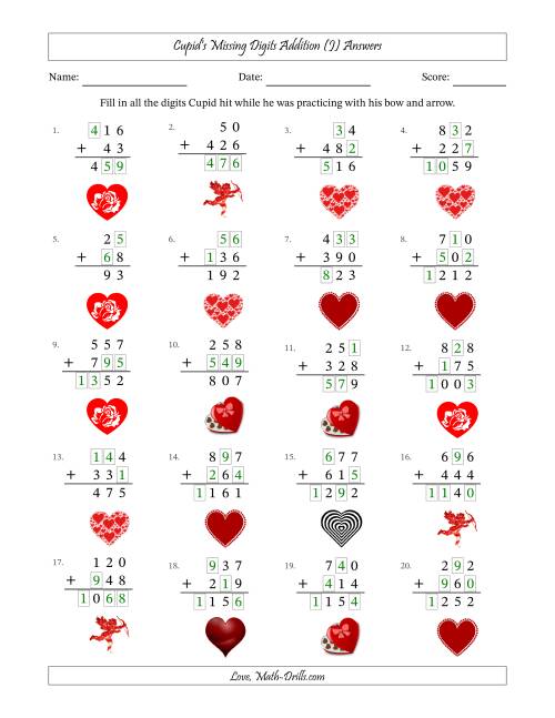 The Cupid's Missing Digits Addition (Easier Version) (J) Math Worksheet Page 2