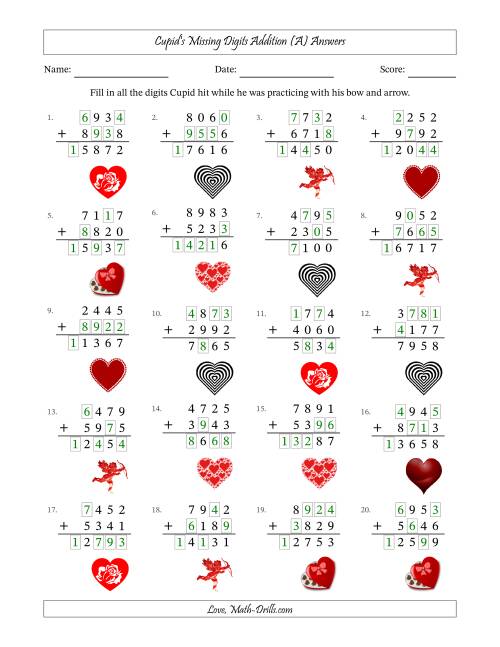 The Cupid's Missing Digits Addition (Harder Version) (A) Math Worksheet Page 2