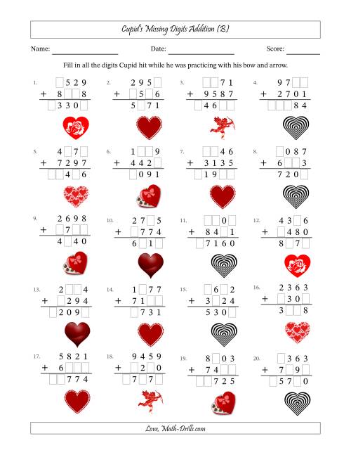 The Cupid's Missing Digits Addition (Harder Version) (B) Math Worksheet
