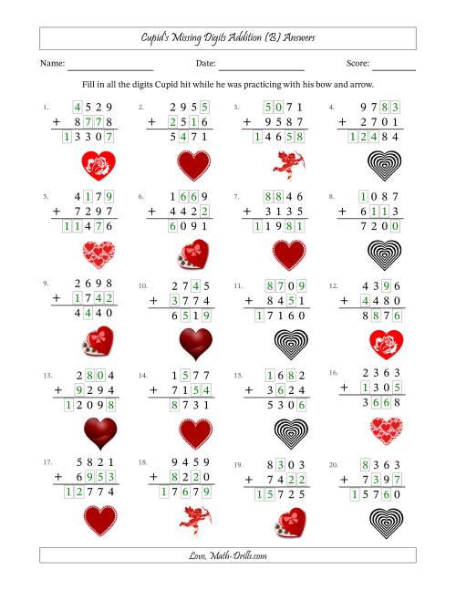 The Cupid's Missing Digits Addition (Harder Version) (B) Math Worksheet Page 2