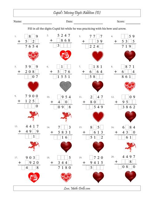 The Cupid's Missing Digits Addition (Harder Version) (D) Math Worksheet