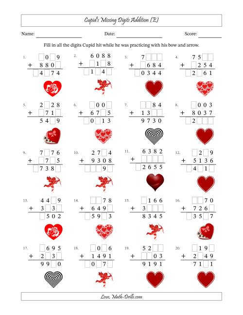 The Cupid's Missing Digits Addition (Harder Version) (E) Math Worksheet