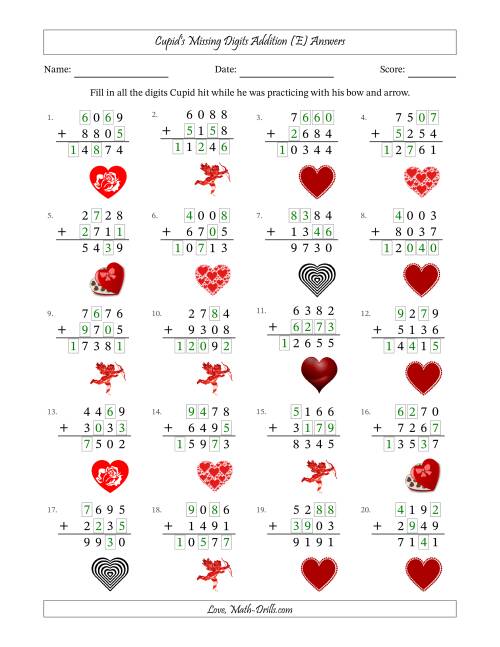 The Cupid's Missing Digits Addition (Harder Version) (E) Math Worksheet Page 2