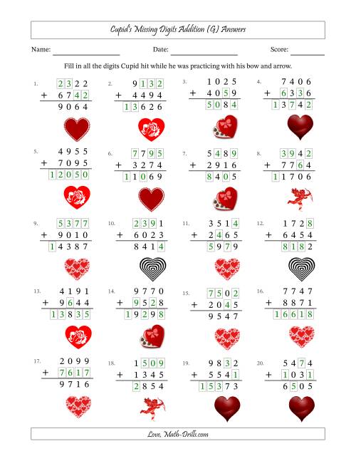 The Cupid's Missing Digits Addition (Harder Version) (G) Math Worksheet Page 2