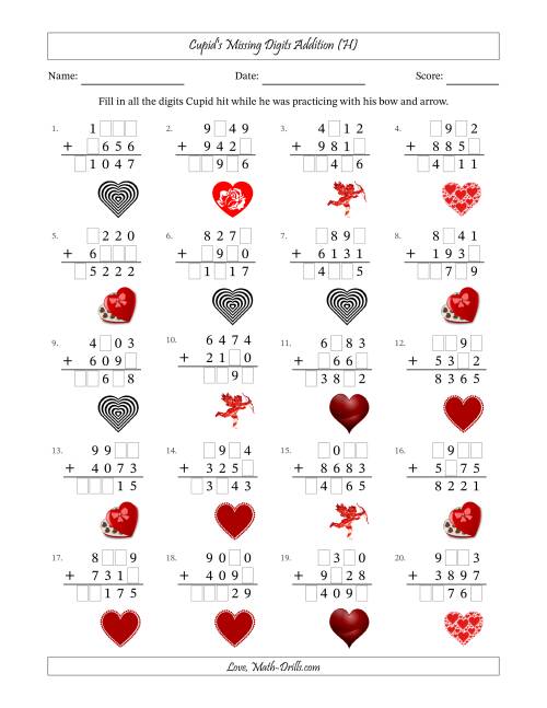 The Cupid's Missing Digits Addition (Harder Version) (H) Math Worksheet
