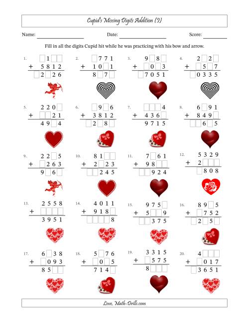 The Cupid's Missing Digits Addition (Harder Version) (I) Math Worksheet
