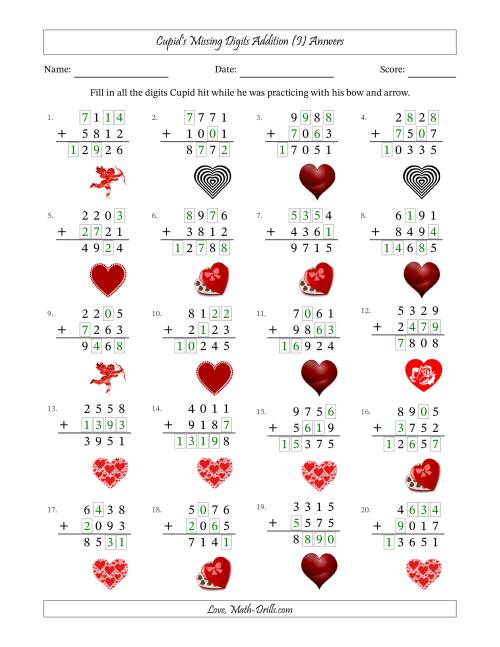 The Cupid's Missing Digits Addition (Harder Version) (I) Math Worksheet Page 2