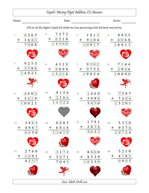 The Cupid's Missing Digits Addition (Harder Version) (J) Math Worksheet Page 2