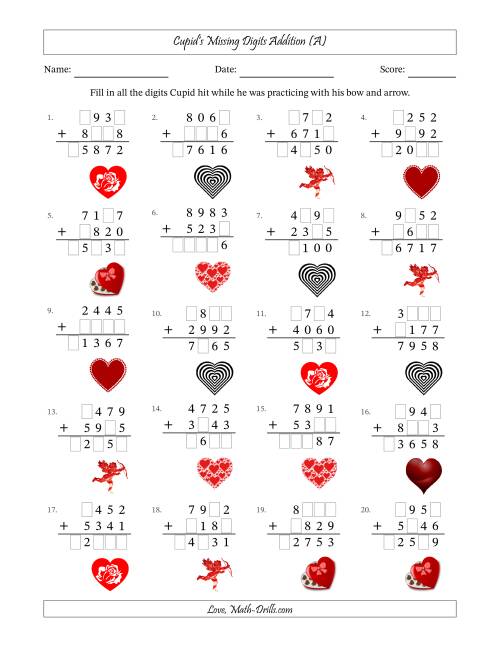 The Cupid's Missing Digits Addition (Harder Version) (All) Math Worksheet