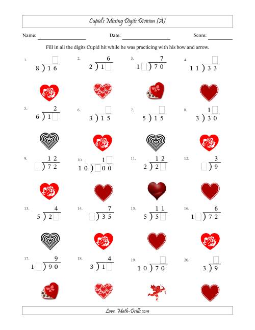 The Cupid's Missing Digits Division (Easier Version) (A) Math Worksheet