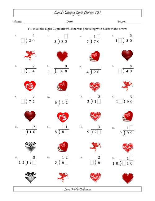 The Cupid's Missing Digits Division (Easier Version) (E) Math Worksheet