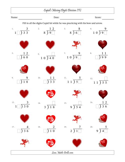 The Cupid's Missing Digits Division (Easier Version) (F) Math Worksheet