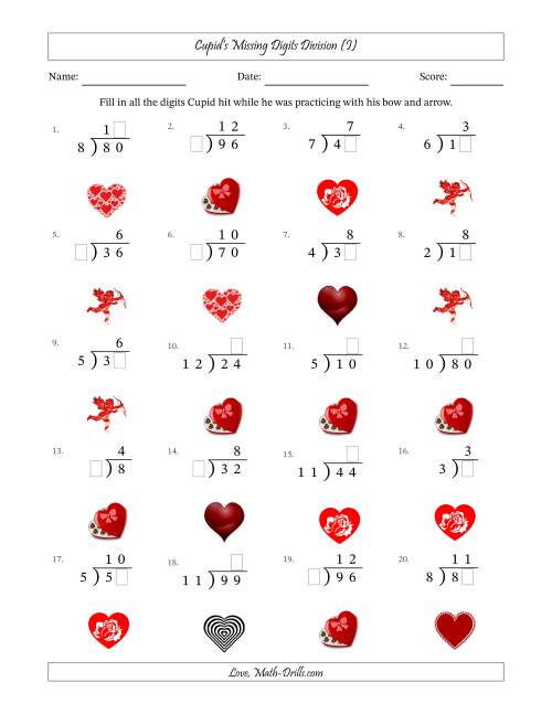 The Cupid's Missing Digits Division (Easier Version) (I) Math Worksheet