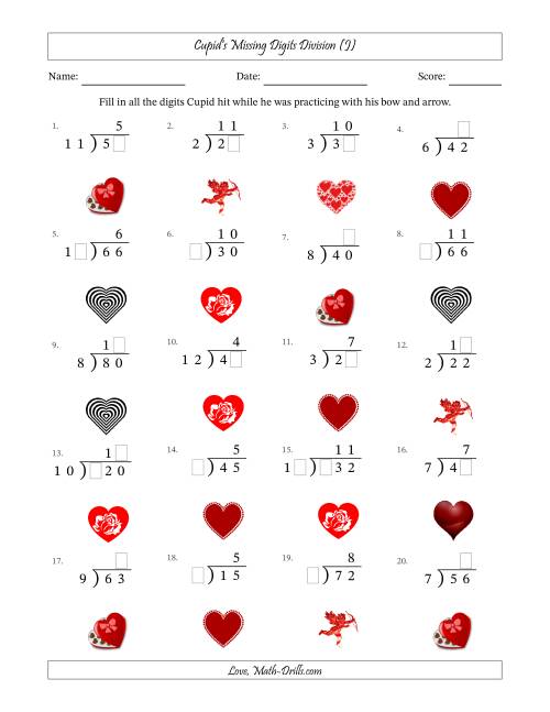 The Cupid's Missing Digits Division (Easier Version) (J) Math Worksheet