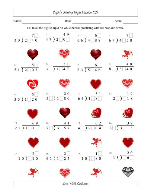 The Cupid's Missing Digits Division (Harder Version) (D) Math Worksheet