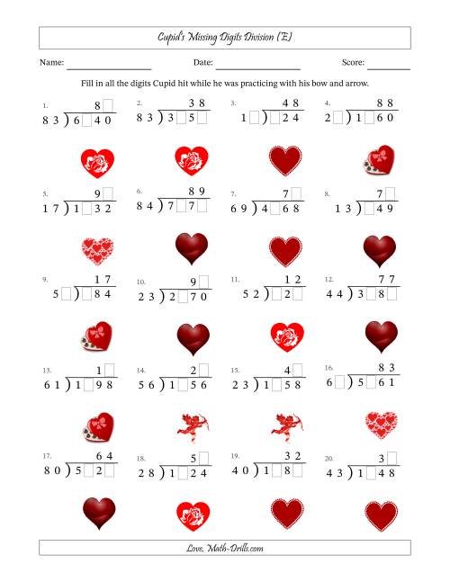 The Cupid's Missing Digits Division (Harder Version) (E) Math Worksheet