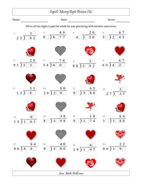 The Cupid's Missing Digits Division (Harder Version) (G) Math Worksheet