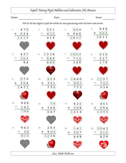 The Cupid's Missing Digits Addition and Subtraction (Easier Version) (A) Math Worksheet Page 2