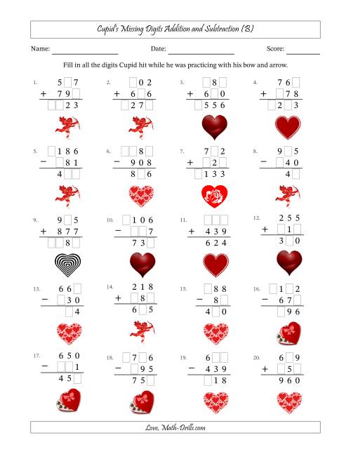 The Cupid's Missing Digits Addition and Subtraction (Easier Version) (B) Math Worksheet
