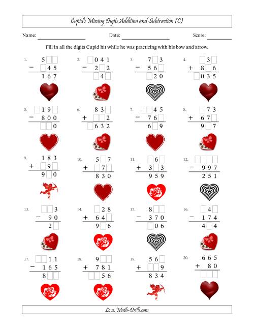 The Cupid's Missing Digits Addition and Subtraction (Easier Version) (C) Math Worksheet