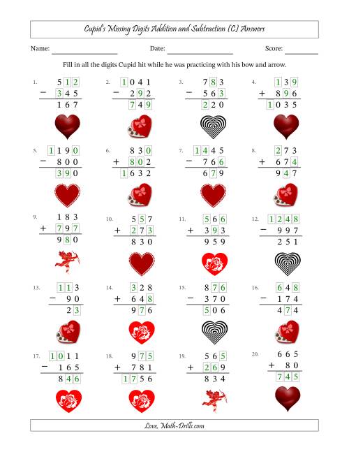 The Cupid's Missing Digits Addition and Subtraction (Easier Version) (C) Math Worksheet Page 2