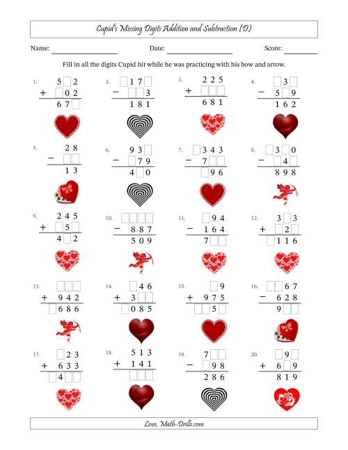 The Cupid's Missing Digits Addition and Subtraction (Easier Version) (D) Math Worksheet