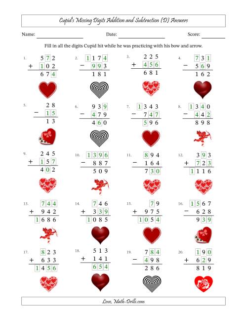 The Cupid's Missing Digits Addition and Subtraction (Easier Version) (D) Math Worksheet Page 2