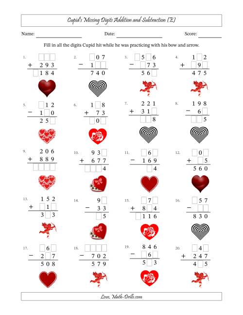 The Cupid's Missing Digits Addition and Subtraction (Easier Version) (E) Math Worksheet