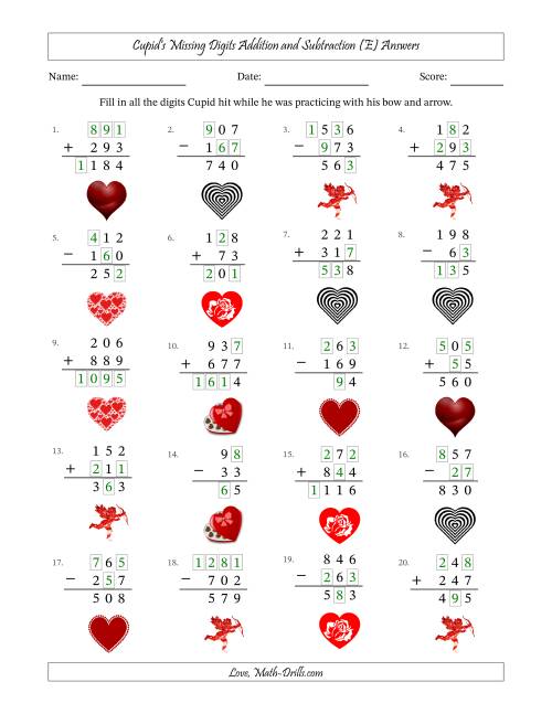 The Cupid's Missing Digits Addition and Subtraction (Easier Version) (E) Math Worksheet Page 2