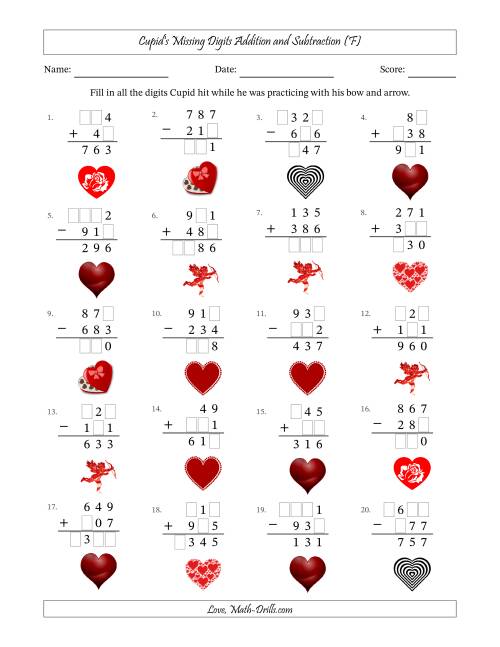 The Cupid's Missing Digits Addition and Subtraction (Easier Version) (F) Math Worksheet