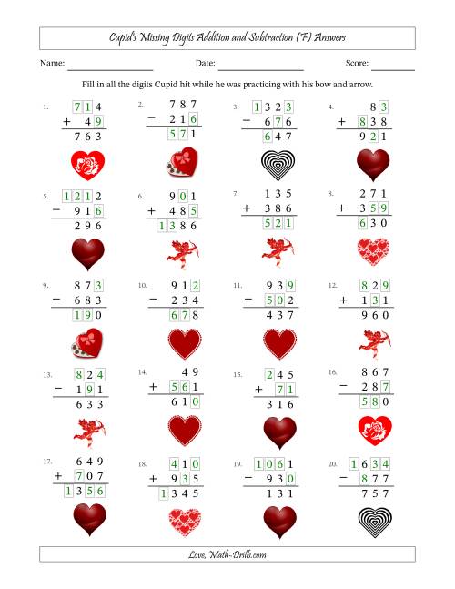 The Cupid's Missing Digits Addition and Subtraction (Easier Version) (F) Math Worksheet Page 2